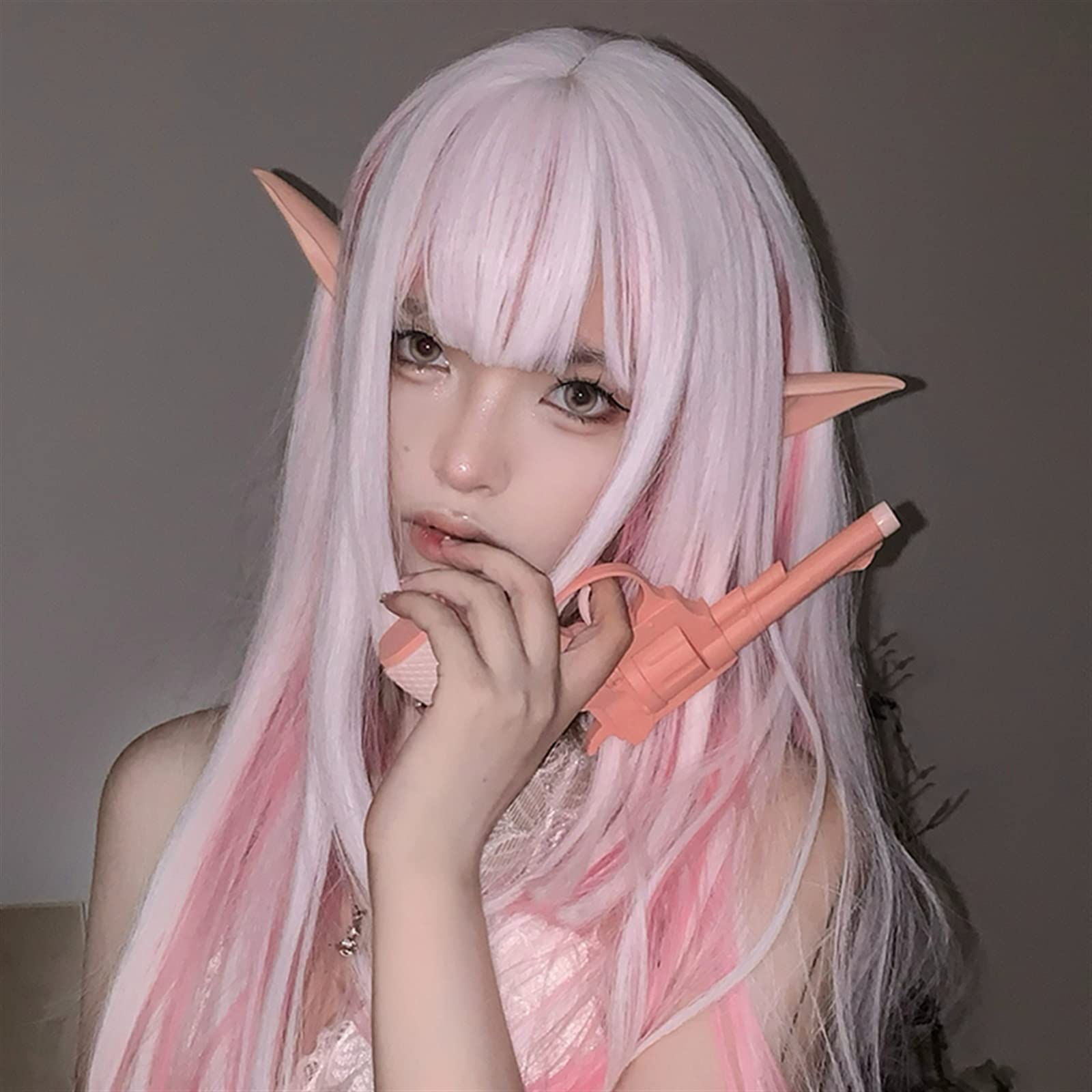 Realistyczne peruki Peruki syntetyczne do cosplay, długie proste włosy peruka z grzywką, jedwabiście białe gradientowe różowe dziewczęce peruki włókno termoodporne syntetyczna Fryzura damska