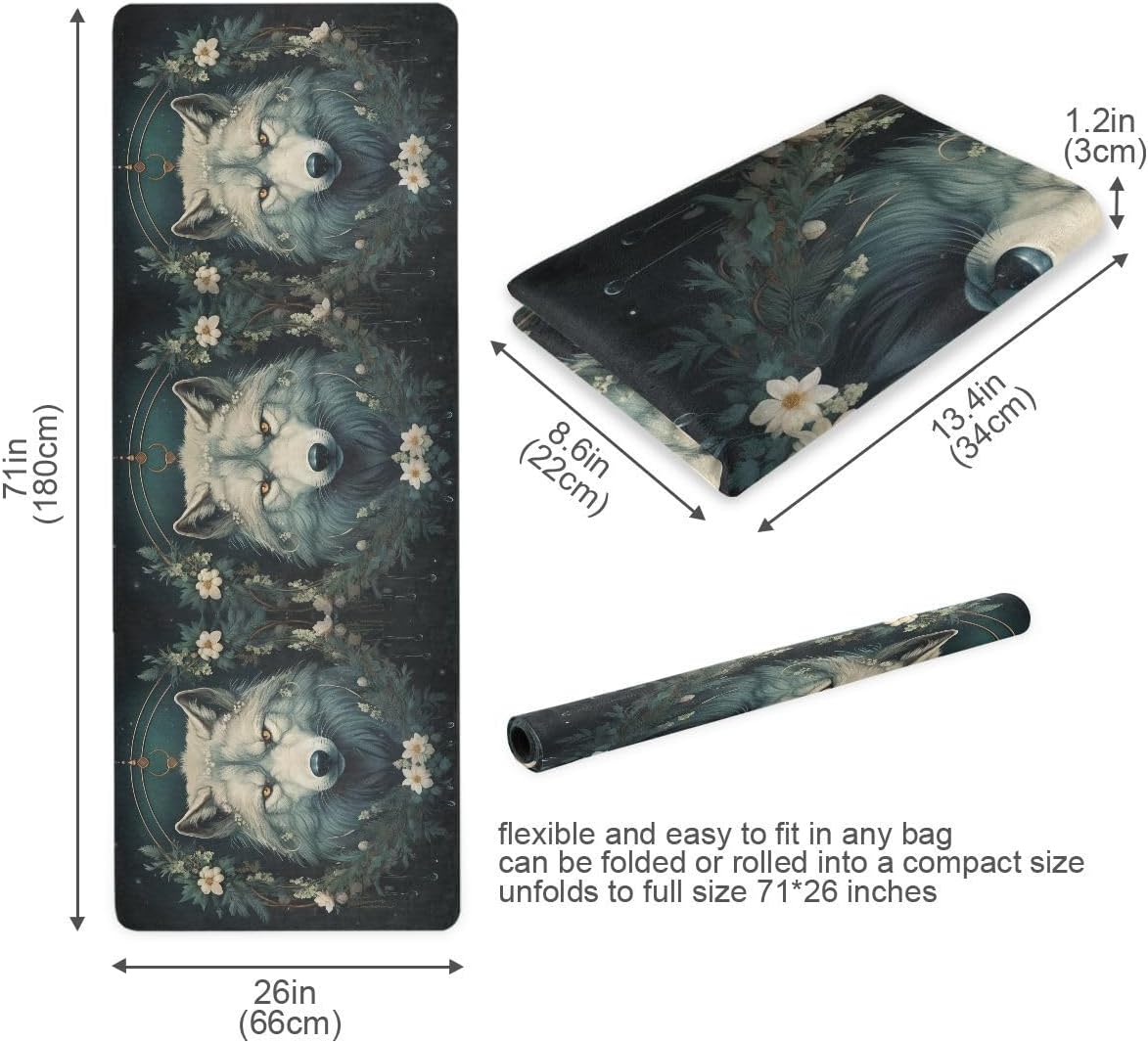 ALAZA Wolf Head Wreath of Flowers Yoga Mat Non Slip Fitness Exercise Mat, Workout Mat for Yoga, Pilates and Floor Exercises
