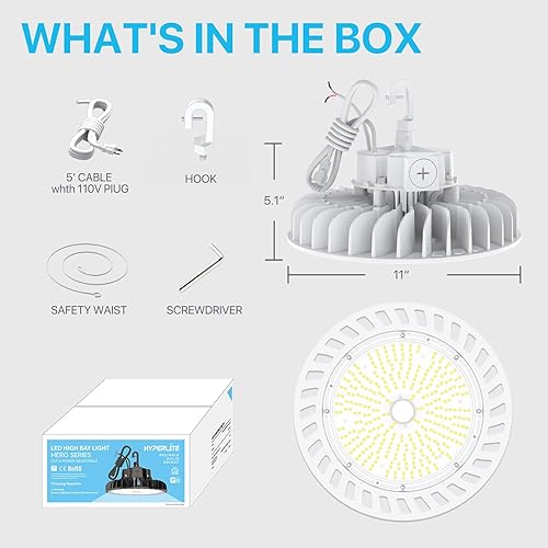 Miniatura 9 de HYPERLITE Luces LED de alta bahía 150 W 21,000 lm (140 lmw) 5000 K CRI80 1-10 V regulable UL listado gancho colgante seguro cable de 5 pies con