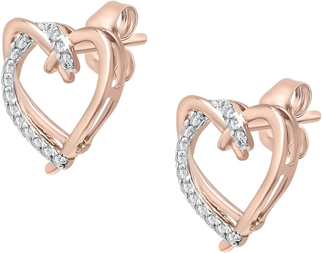 Timeless Love 1/10 ct Diamond Heart Shaped Earrings Set in Sterling Silver with 14K Pink Gold Plating, Dainty Jewelry, Women’s Fashion Earrings, Earring Closure: Post & Nut