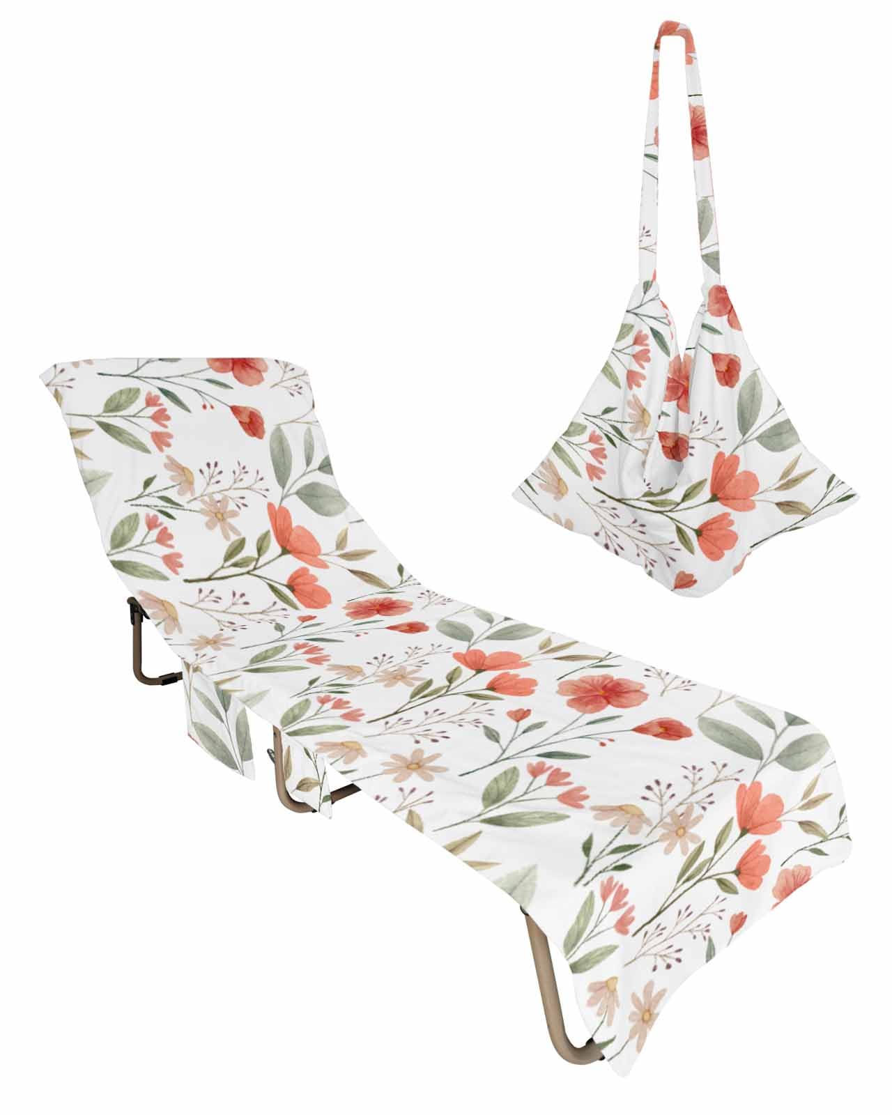 Red Teal Spring Floral Beach Lounge Chair Towel Cover, Soft Chaise Lounge Towel with Side Pockets Patio Pool Chairs Cover for Beach/Pool Sunbathing 29x85 Pastoral Botanical Watercolor