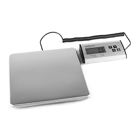 oneConcept Marketeer - digitale pakketweegschaal, plateauweegschaal, digitale weegschaal, afleesbaarheid 50 g, 27 x 27 cm, groot display, roestvrijstalen plateau, kilo's en ponden, weegbereik 200 kg, zilver