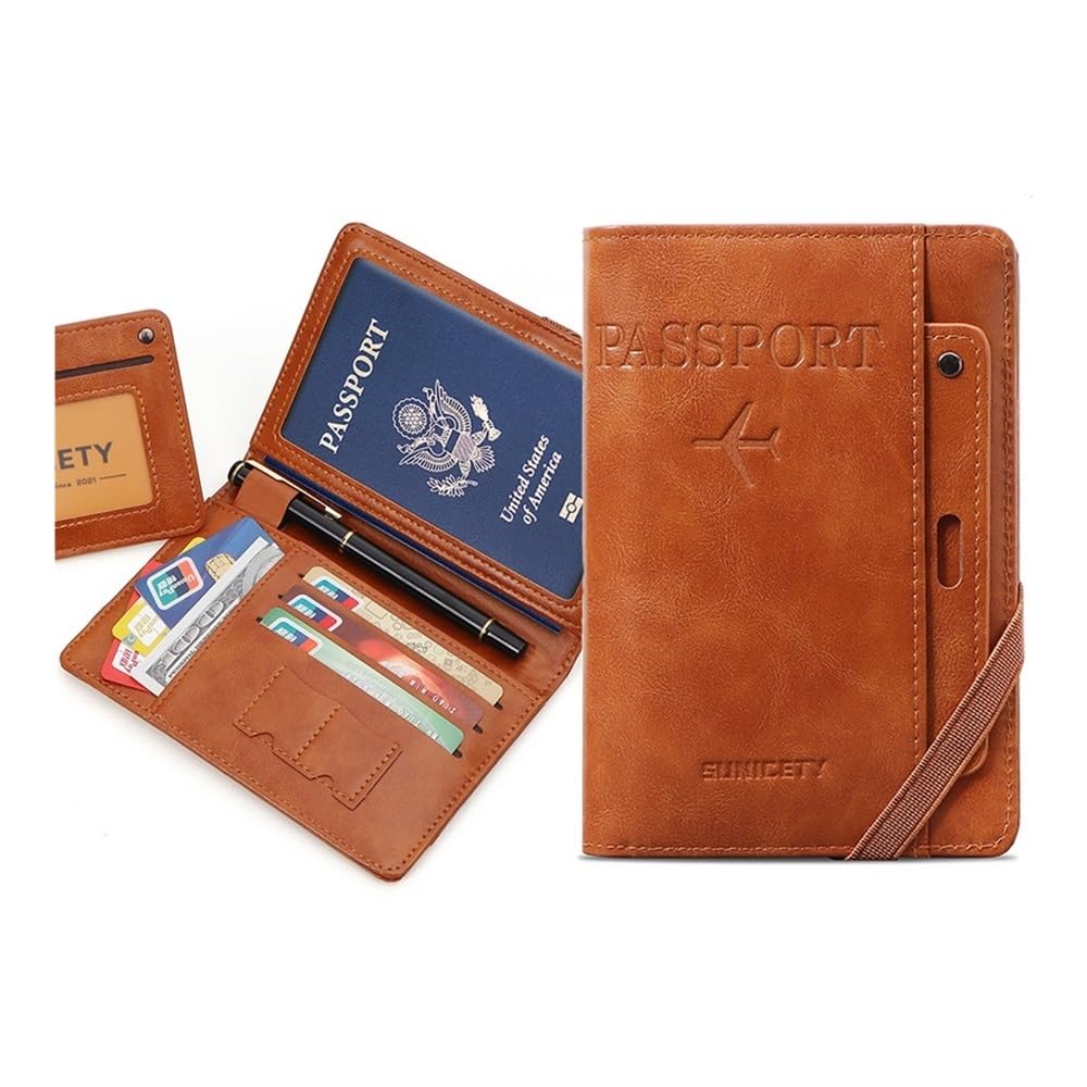 Funda de piel sintética para pasaporte de negocios con RFID para mujeres y hombres, multifunción, para tarjetas bancarias, accesorios de viaje, Black, Talla única
