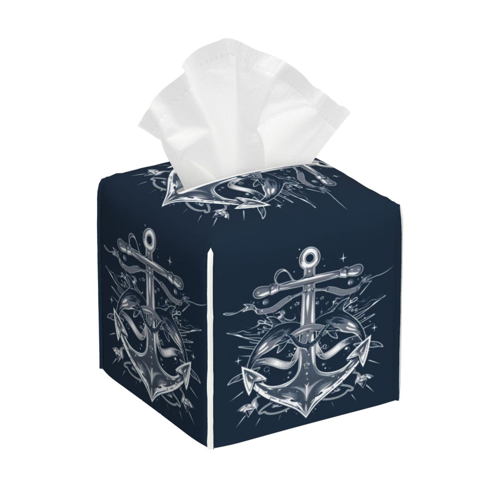 Square Tissue Box Cover, Leather Tissue Cube Box Holder, Nautical Navy Blue Anchor Pattern Facial Paper Case for Tabletop, Bathroom, Car, Office 5.2"x5.2"x5.2"in