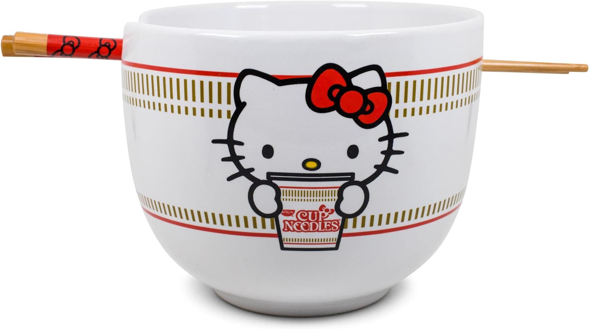 Hello Kitty Cup Noodles Japanese Ceramic Dinnerware Set | Includes 20-Ounce Ramen Bowl and Wooden Chopsticks | Asian Food Dish Set For Home Kitchen | Kawaii Anime Gifts, Official Sanrio Collectible