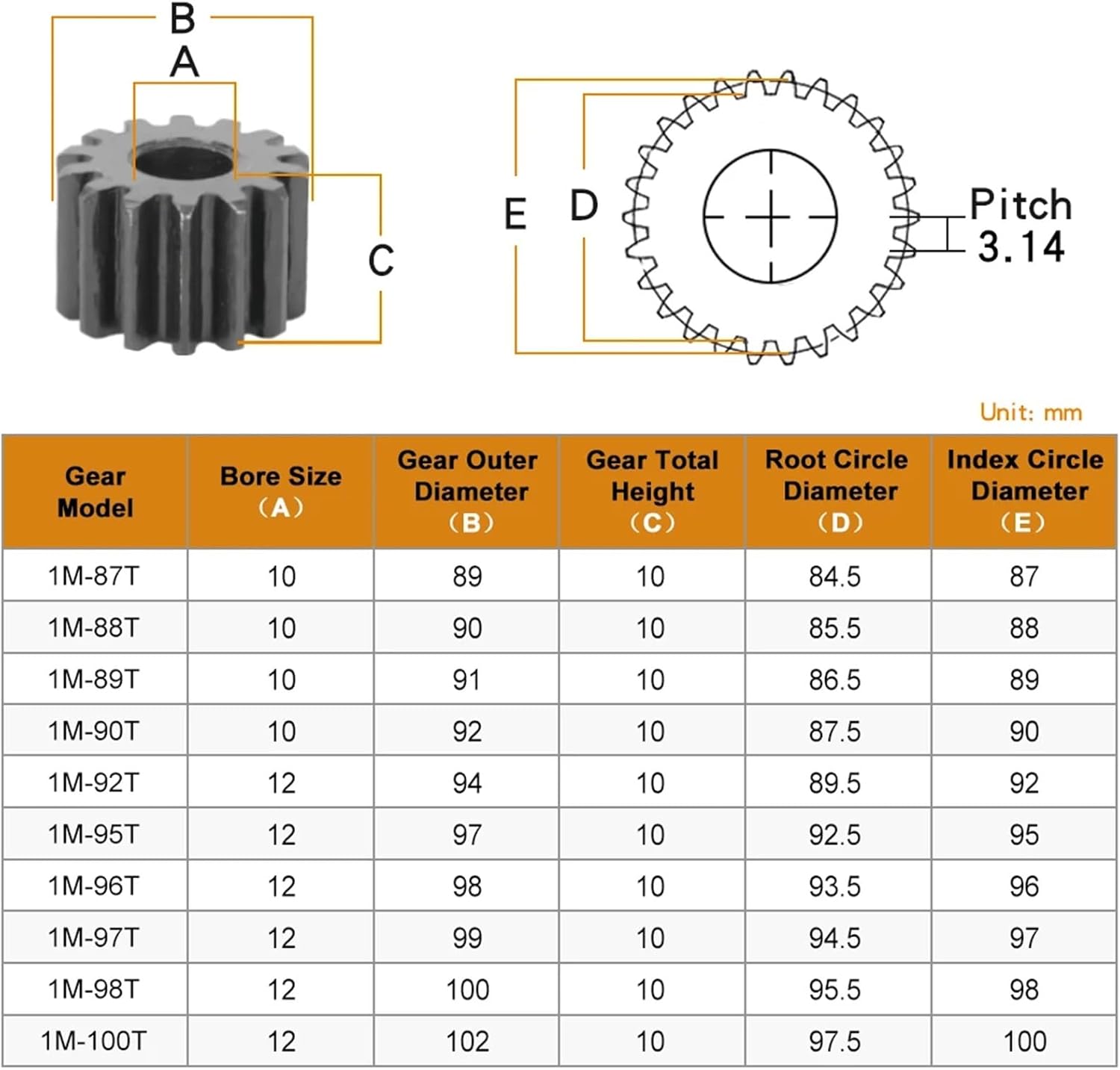 Gear Wheel 1M-87T/88T/89T/90T/92T/95T/96T/97T/98T/100T Teeth Pitch 3.14mm 1Pcs(1M88T (Bore 10 mm))