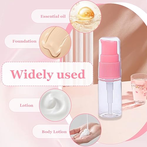 Miniatura 4 de Botella bomba de loción de plástico transparente de 0.3 onzas líquidas con cabezal de bomba de presión rosa, recipiente vacío para muestras