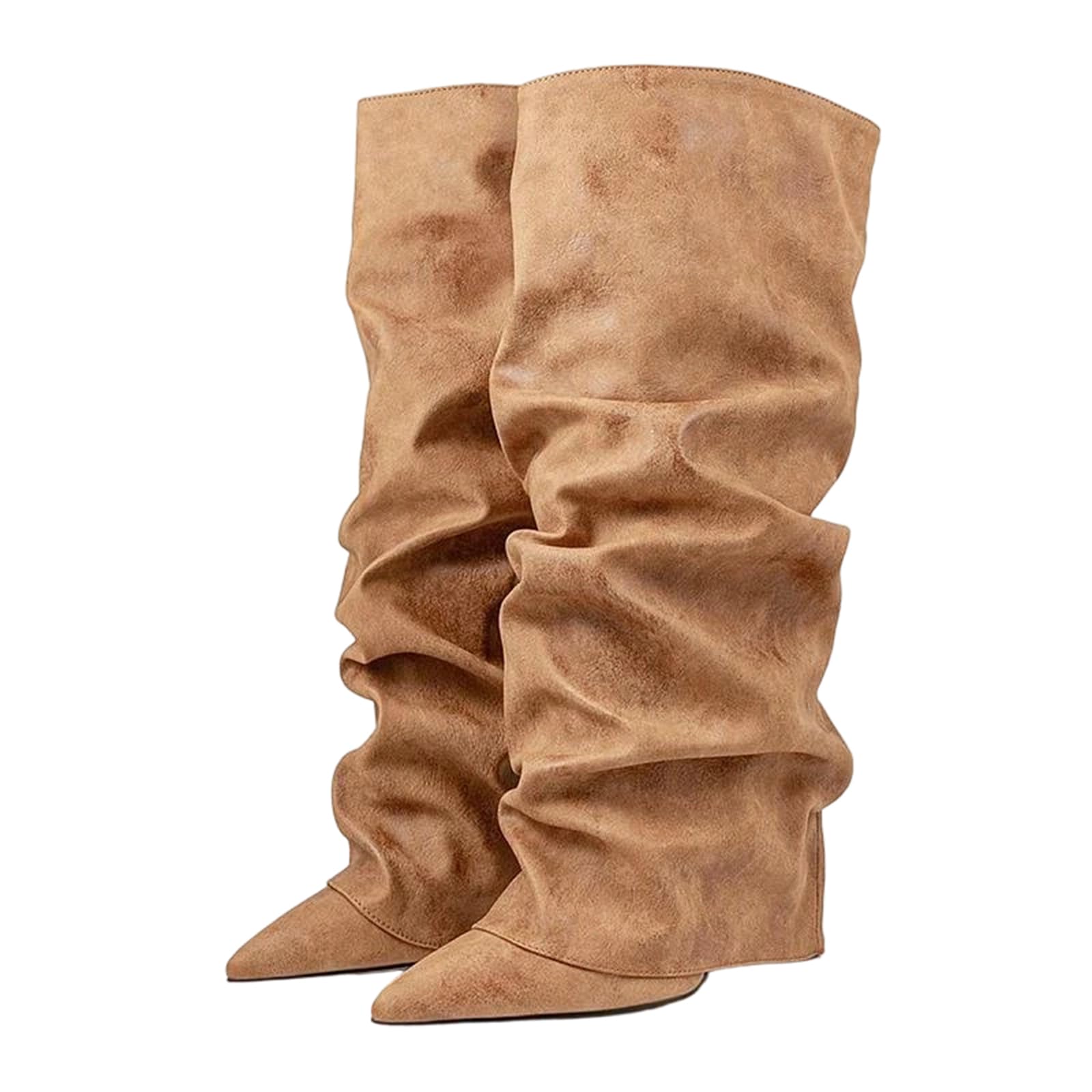 Alloaone Womens Plus Size Pu Knee High Boots Pointed Toe High Heel With Turned-Over Edge Slip On Design