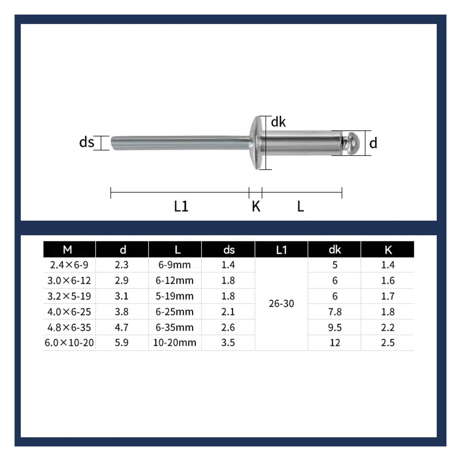 remaches ciegos, Remaches ciegos 30-50 piezas Mandril de acero con cabeza cúpula aluminio M2.4 M3.2 M4 .8 Clavo escape 12 mm(M2.4 (50pcs),12mm)