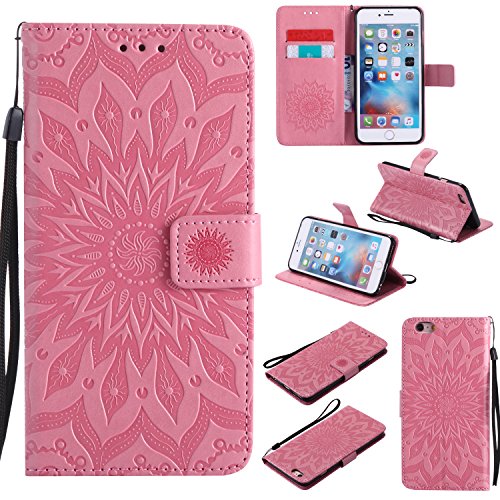 iPhone 6S Plus Wallet Case,A-slim(TM) Sun Pattern Embossed PU Leather Magnetic Flip Cover Card Holders & Hand Strap Wallet Purse Case for iPhone 6 Plus / 6S Plus [5.5 Inch] - Pink