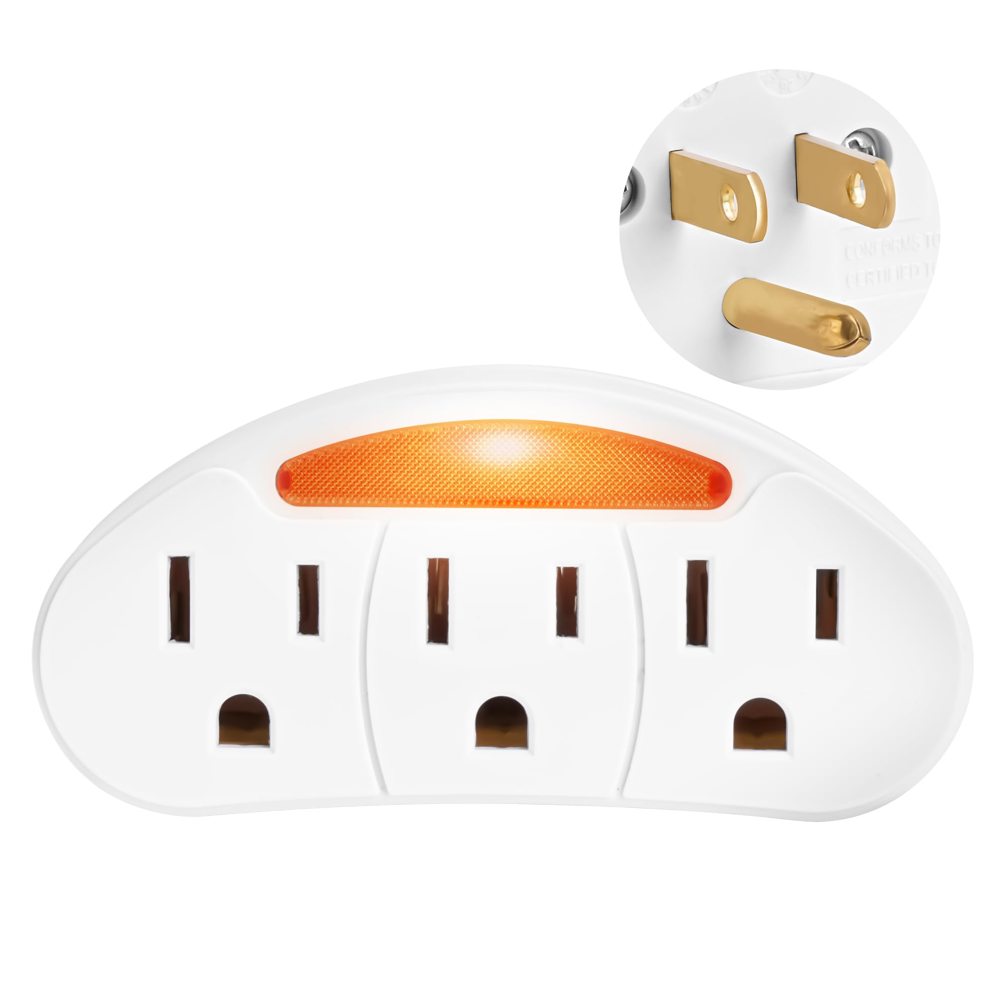 3-Prong to 3-Prong 3-Side Outlet Plug Splitter Converter, Multi Plug Adapter with Light-Sensing Night Light, ETL Listed, White