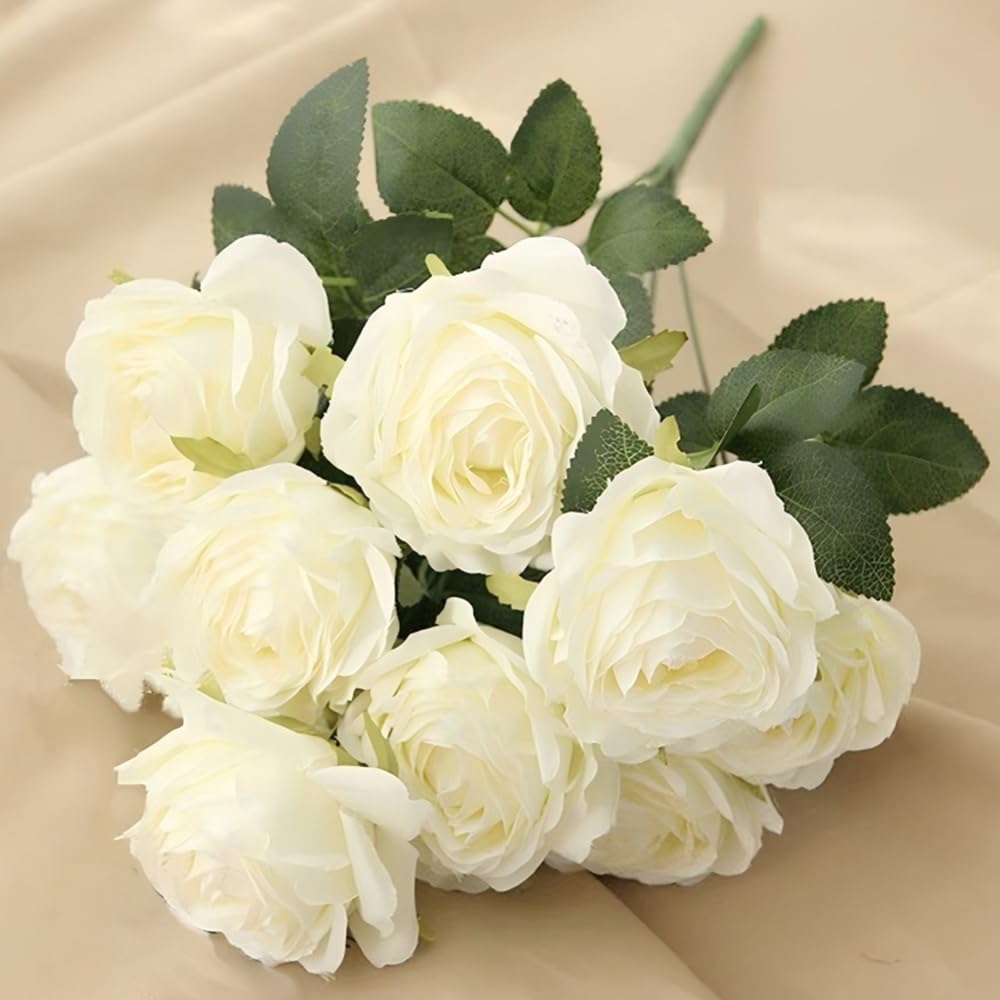 Jasion Artificial Rose Flowers 9 Heads Arrangement Bouquet PU Touch Glorious Moral for Home Office Parties and Wedding (White)