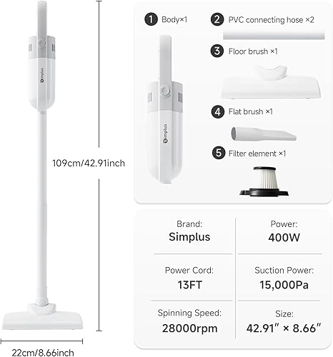 Miniatura 2 de SIMPLUS Aspirador de palo con cable 3 en 1 400 W 15 KPA fuerte succión, pelo de mascotas y piso de madera dura, 1.87 libras ligero de mano para el