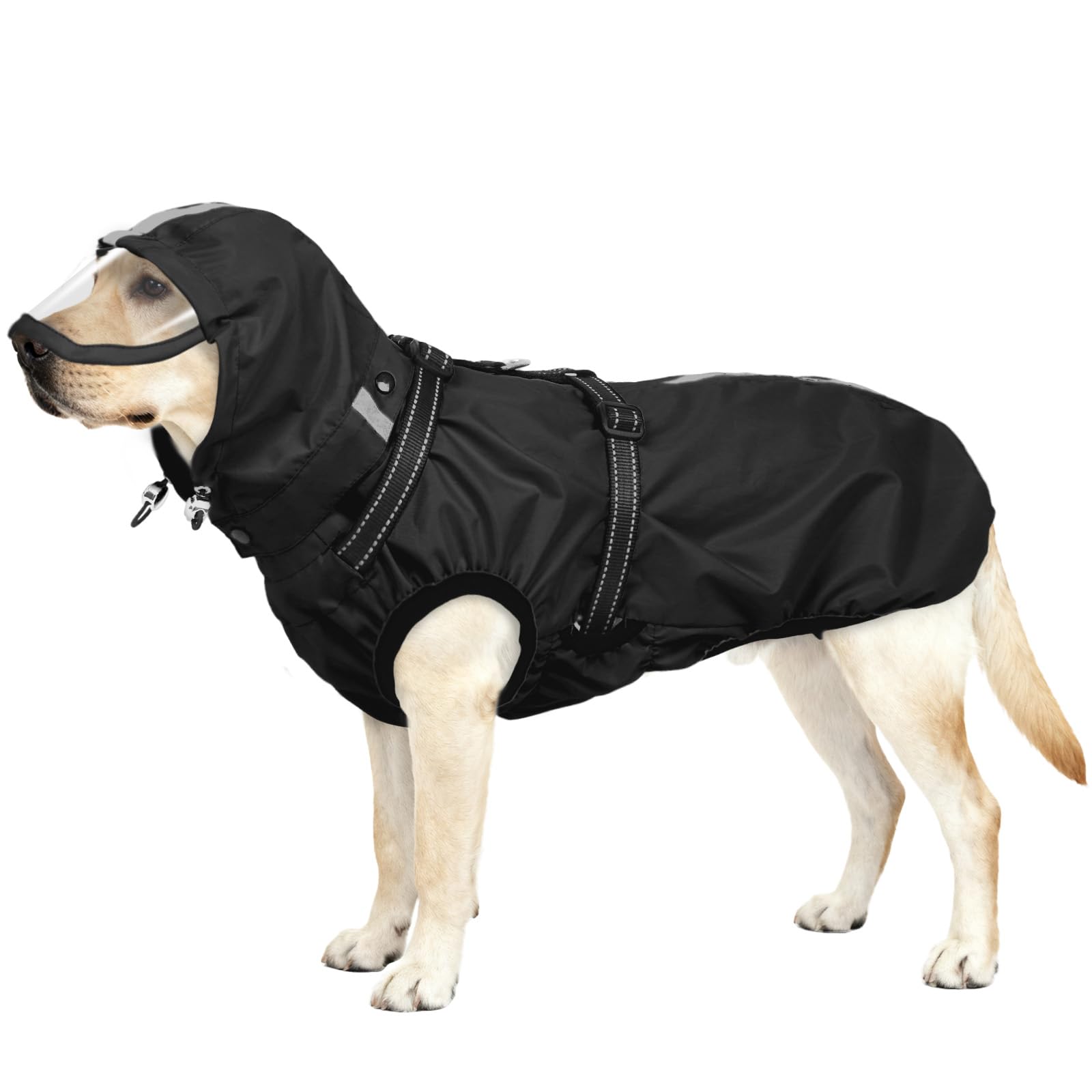 OUOBOB Dog Raincoat Waterproof, Rain Jacket with Reflective Strips, H-Harness (D-Ring) & Detachable Hood with Visor, Ideal for Medium/Large Dogs [Black, Size XL]