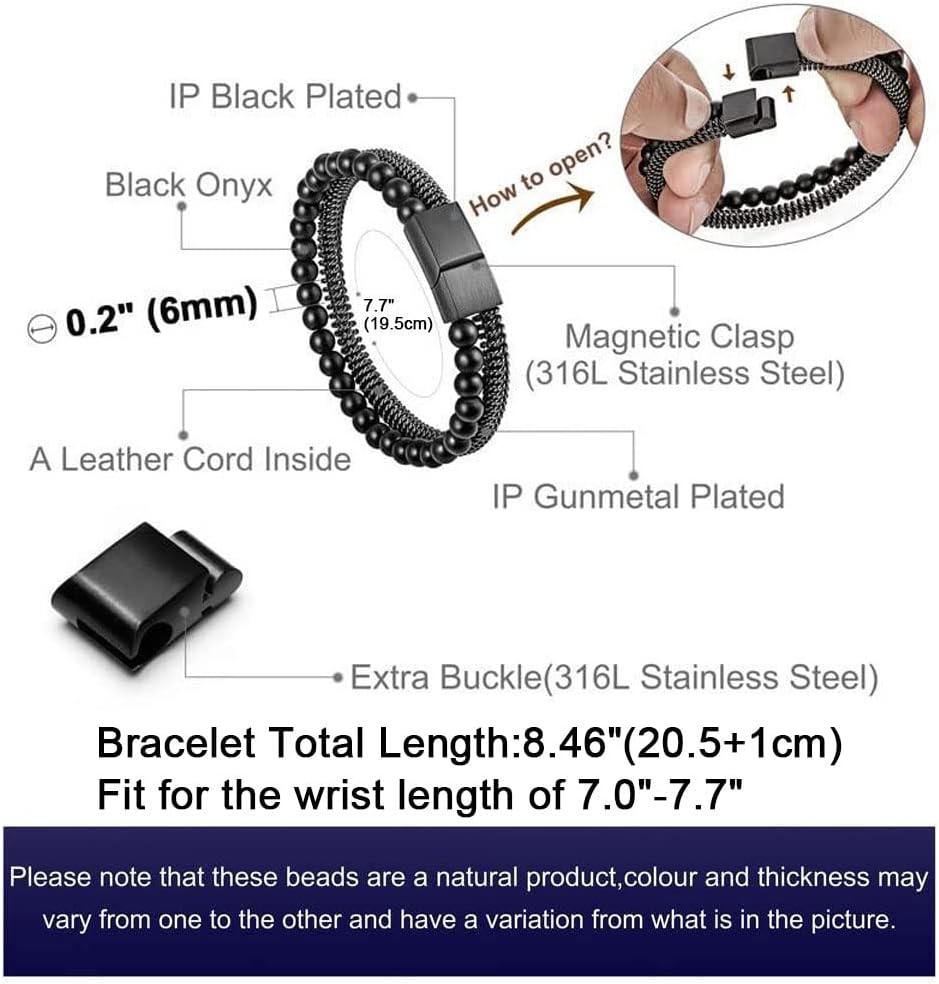 murtoo Mens Bracelet Bead Leather Bracelet, Steel Chain and Leather Bracelet and Cuff for Men with Adjustable Clasp