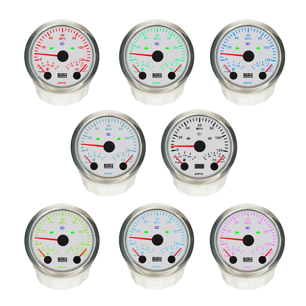 ELING Velocímetro GPS de 85 mm, odómetro de 0 a 120 MPH con indicador de nivel de combustible con retroiluminación de 7 colores, 12 voltios para veleros marinos