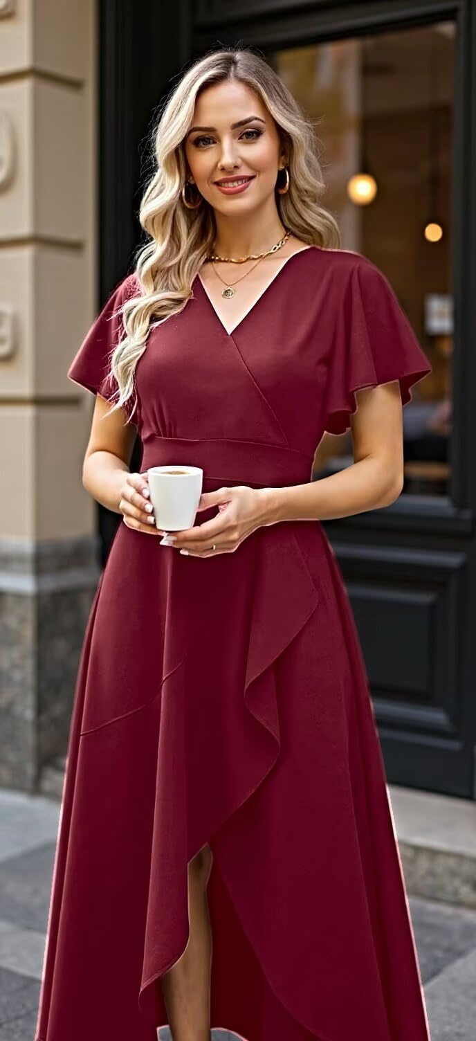 BABYONLINE D.R.E.S.S. Robes formelles pour femmes, robe de cocktail, col en V fendu, robe enveloppante à volants, robe d'invitée de mariage 3089-XIN