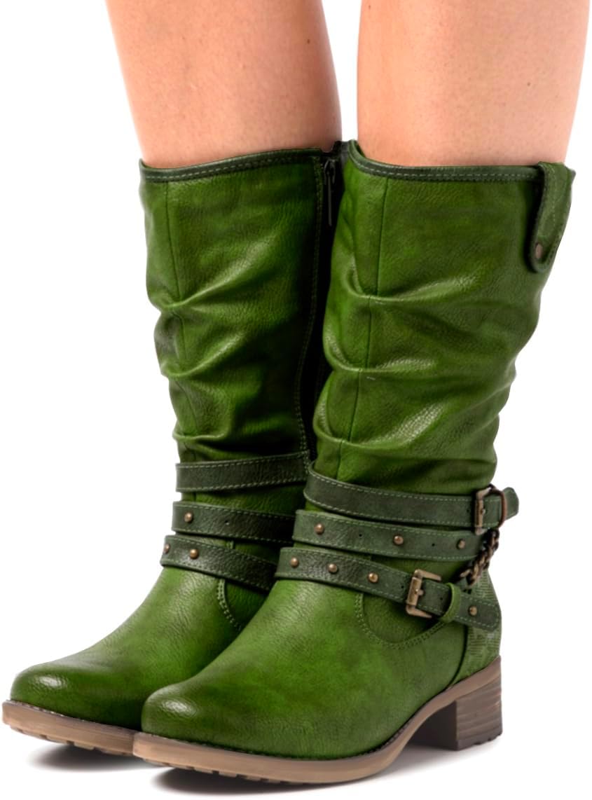 SHODENSE Women Low Chunky Heel Western Mid Calf Boots Slouch Round Toe Side Zipper Pleated Cowboy Boots Buckle Strap Stacked Heels Burnished Short Riding Boots Gold Chain Dressy Vintage Fall 4-11 M US