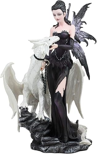 Miniatura 5 de Ebros - Estatua gótica de hada Khaleesi con dragón blanco ártico, 9.5 pulgadas de alto, decorativa, fantasía mítica, figura de la dama del lago
