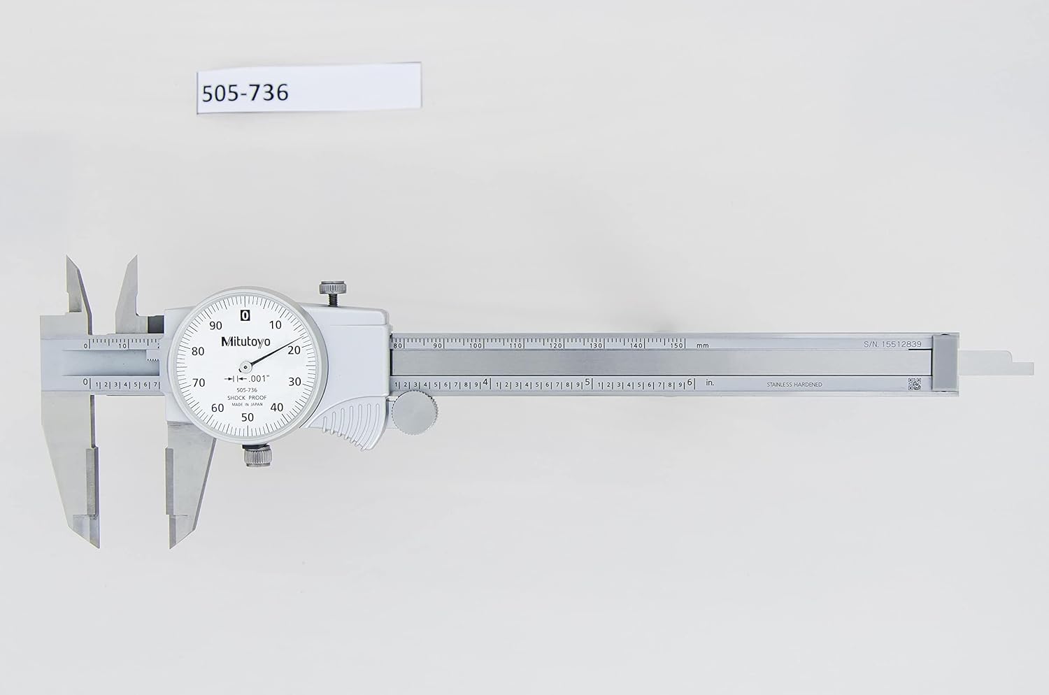 Mitutoyo 505-736 Dial Caliper with OD Carbide Tips, 01" per Revolution, 0-6" Measuring Range, 0001" Accuracy, Designed for Precision Measurement in Mechanical and Engineering Applications