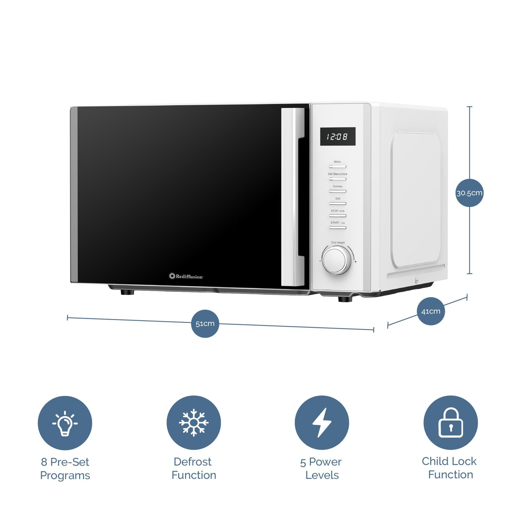 Rediffusion Microonde combinate digitali da 30 litri, forno a microonde da 900 W, griglia da 1200 W e convezione da 2200 W, griglia per grill, sbrinamento, cavità in acciaio inossidabile, 5 livelli di