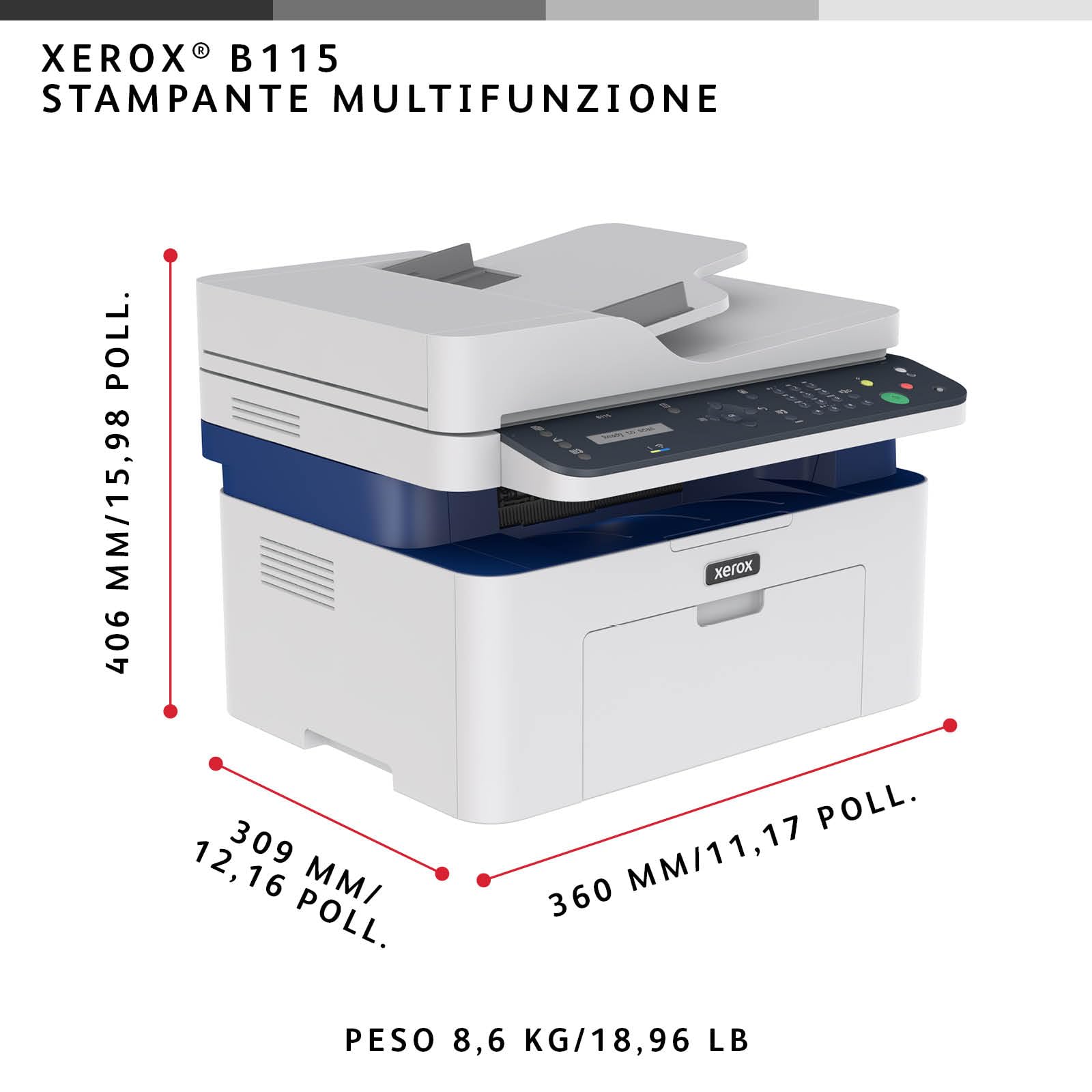 Xerox B115 Stampante Multifunzione Wireless – Laser monocromatica 4-in-1 All-in-One, stampa/scansione/copia/fax, A4, ideale per scrivania in home office e piccoli team, compatibile mobili, Wi-Fi, EU