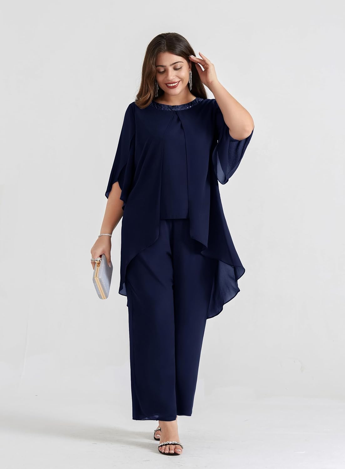 Hanna Nikole Plus Size Mother of The Bride Pant Suits 2 Piece Chiffon Sets Dressy Wedding Guest Outfit with High Low Hem - Image 2