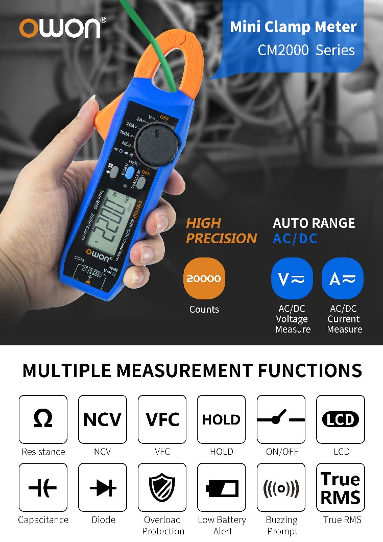 Owon CM2100 Digital AC/DC Clamp Meter Mini Smart Portable Ammeter Voltage Voltmeter 20000 Counts True RMS Clamp Tester