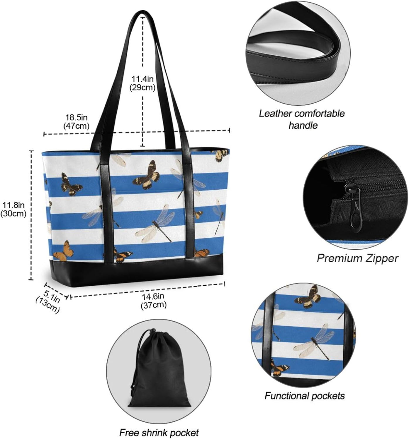 Blue White Striped Butterfly Dragonfly trendy computer cases for laptops with zipper work handbags for travel with tablet