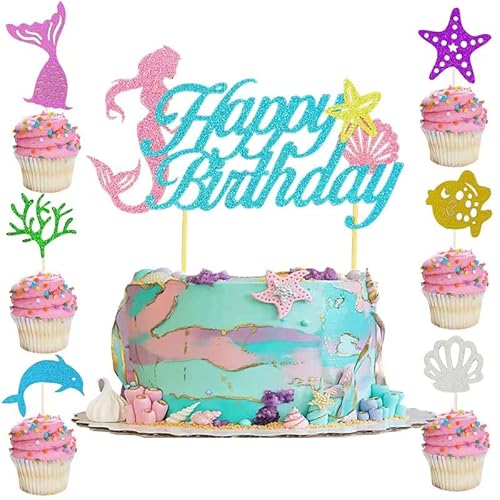 Glitter Mermaid Cake Decoration Mermaid Theme Cupcake Topper And Cake Topper For Birthday Party Contains Mermaid Tail,Starfish,Shell Classic Pattern Designs #TOP7