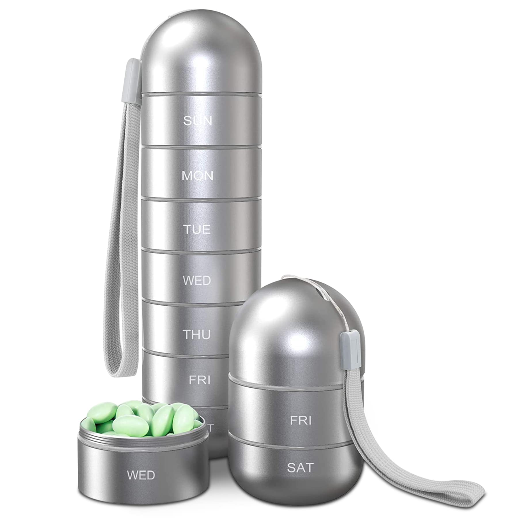 Wisfunlly Weekly Pill Organizer, 7 Day Portable Pill Box Metal Waterproof Pill Cases Container to Hold Vitamin, Pills, Medicine, Fish Oil, Supplements, Pill Container Holder for Travel/Hiking/Camping