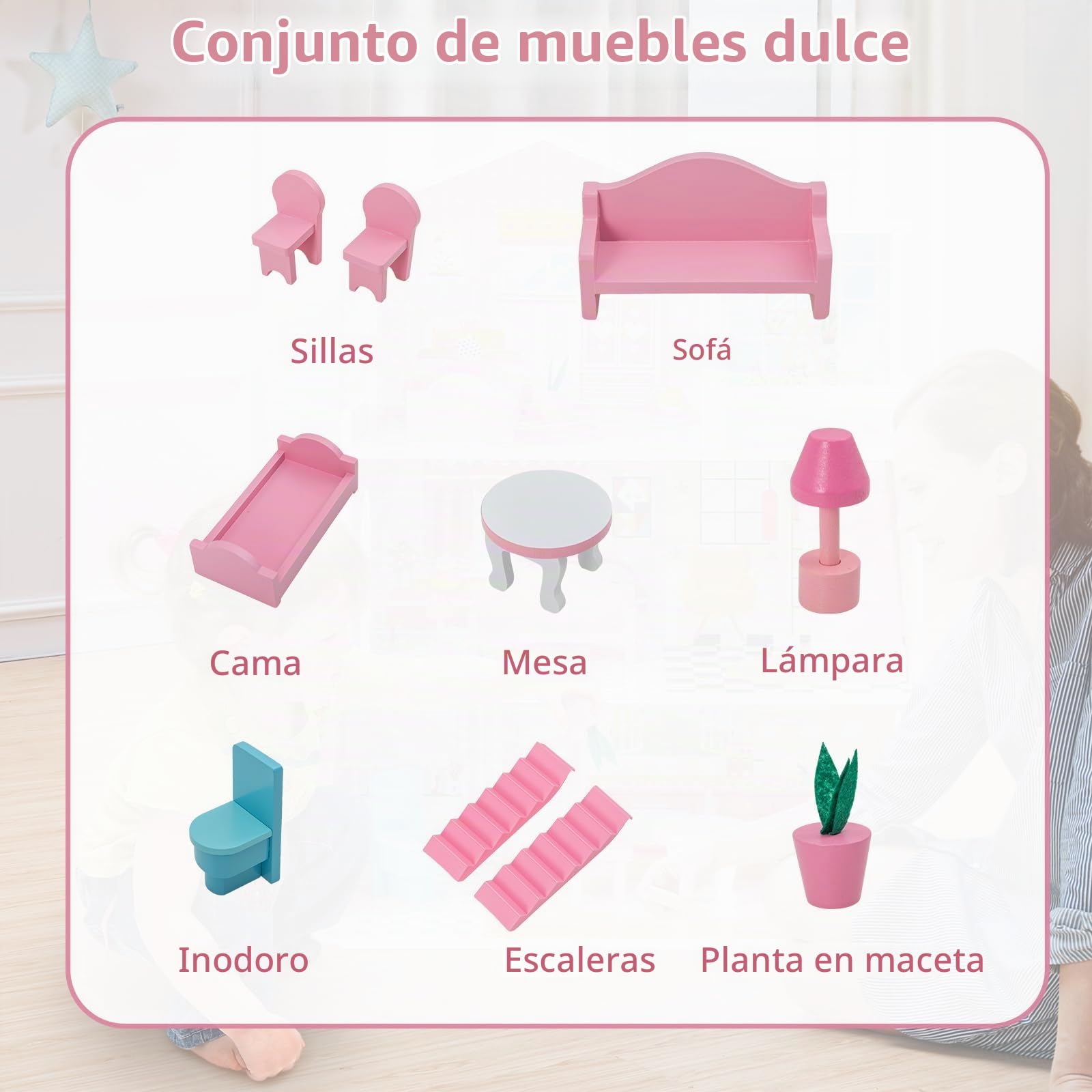 HOMASIS Casa de muñecas de 3 estantes, Casa de muñecas de Madera con 5 Habitaciones y 10 Muebles, Villa de los sueños, Juegos para niñas y niños a Partir de 3 años, 60 x 25 x 70 cm, Rosa