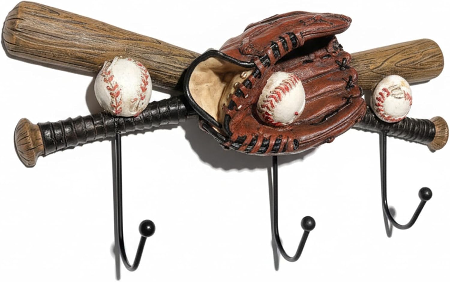 Baseball Coat Rack with 3 Hooks Resin Wall Decor for Boys Baseball Players,Coaches,Teen Fans Bedroom,Man Cave or Entryway (Brown)
