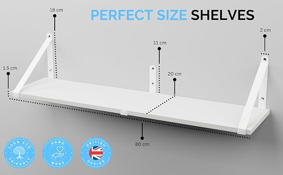 CASSA ZENO Wall Mounted Floating Book Shelves for Wall Set of 3, 80cm x 20cm Shelf Bookshelf for Bedroom Living Room Office Bathroom Kitchen Rustic Wood with Metal Bracket (White)