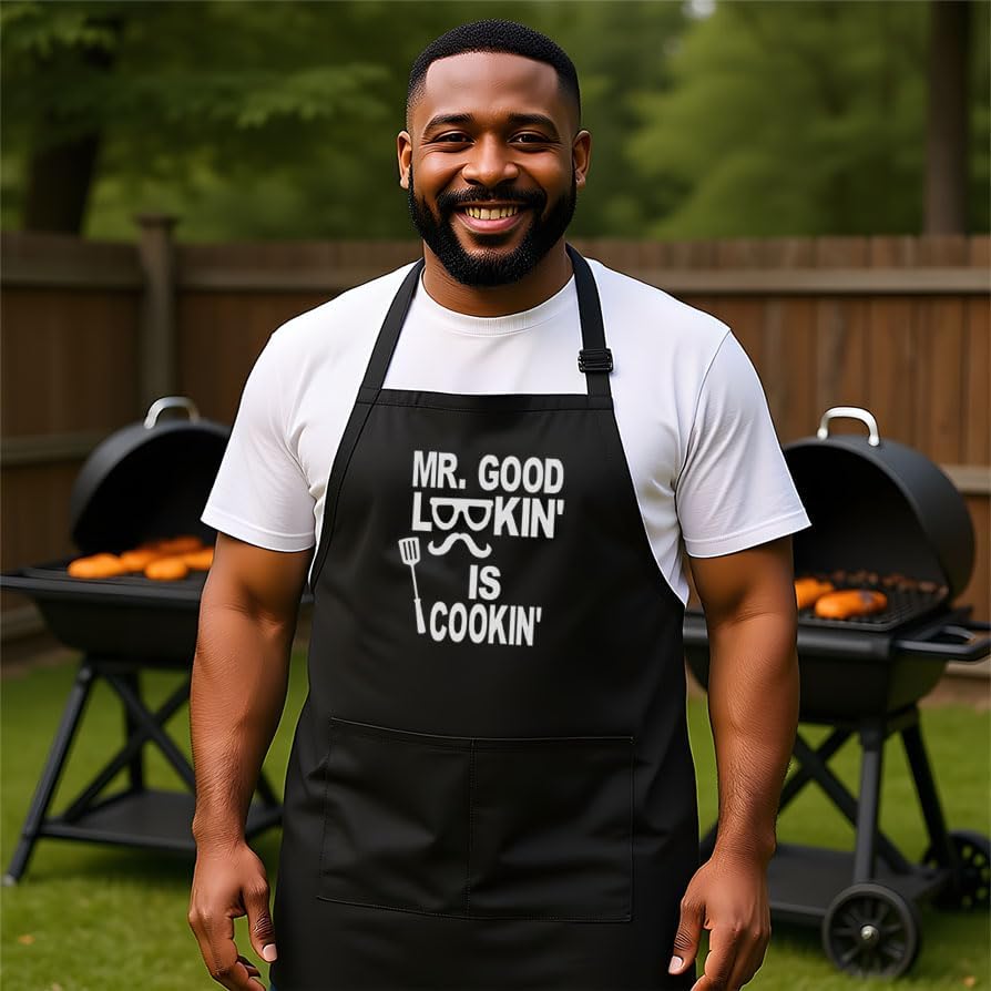 Miniatura 2 de Delantal de chef personalizado para hombre, negro, bordado personalizado, barbacoa de cocina profesional, fabricado en EE. UU