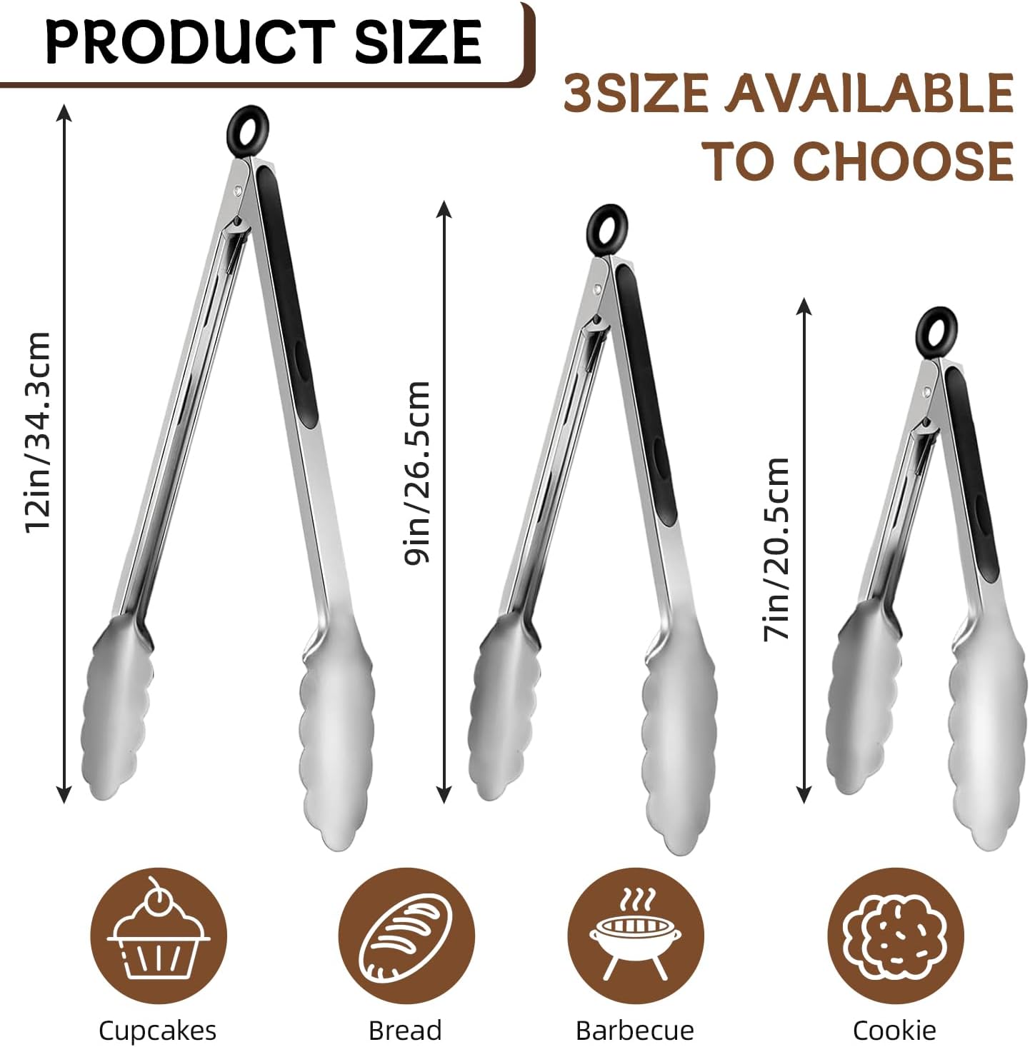 12 Pcs Stainless Steel Kitchen Tongs, 7/9/12 Inch High Heat Resistant Cooking & Serving Tongs with Locking for Grill Salad