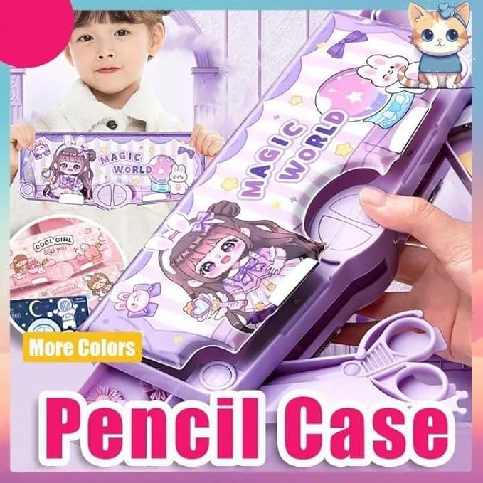 Image of Multifunctional Magnet School Pencil Box for Girls, Magic World Compass Box for Boys, Geometry Box for Kids, Ruler, Eraser and Sharpener, Magnetic Pencil Box