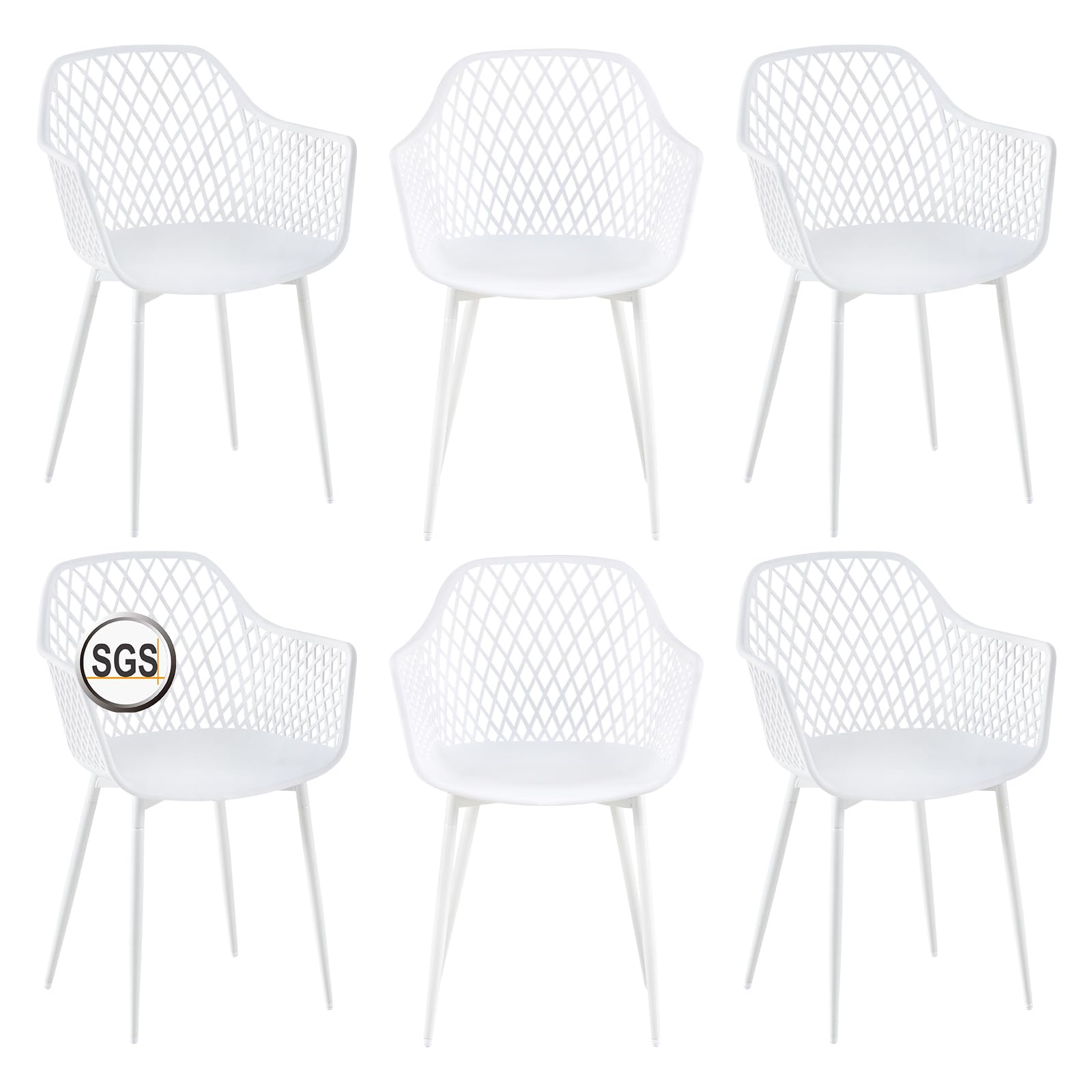 buybyroom Juego de 6 sillas de jardín para exteriores con reposabrazos, sillas reclinables, sillas de jardín, 120 kg, color blanco