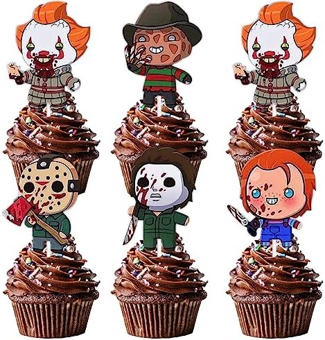 Fantasy Horror Manga Dessert Cupcake Topper Red Glitter Halloween Ghost Theme Decorations Supplies Children Boys Girls Happy Birthday Party Decor 18pcs