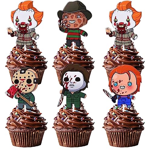 Fantasy Horror Manga Dessert Cupcake Topper Red Glitter Halloween Ghost Theme Decorations Supplies Children Boys Girls Happy Birthday Party Decor 18Pcs #TOP1