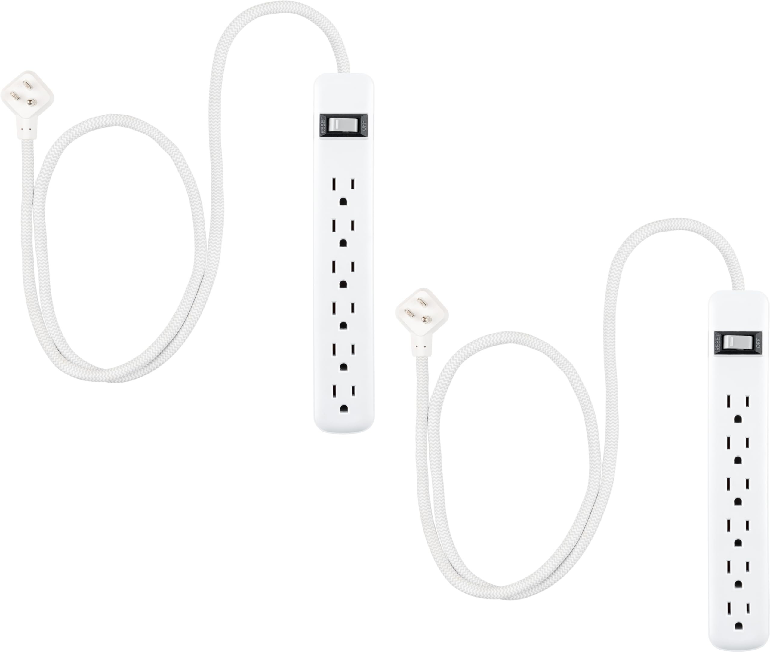 GE 6-Outlet Surge Protector Power Strip 2-Pack, 2ft Braided Extension Cord, 245J Protection, Flat Plug, Wall Mount, Circuit Breaker, ETL Certified, White, 86075
