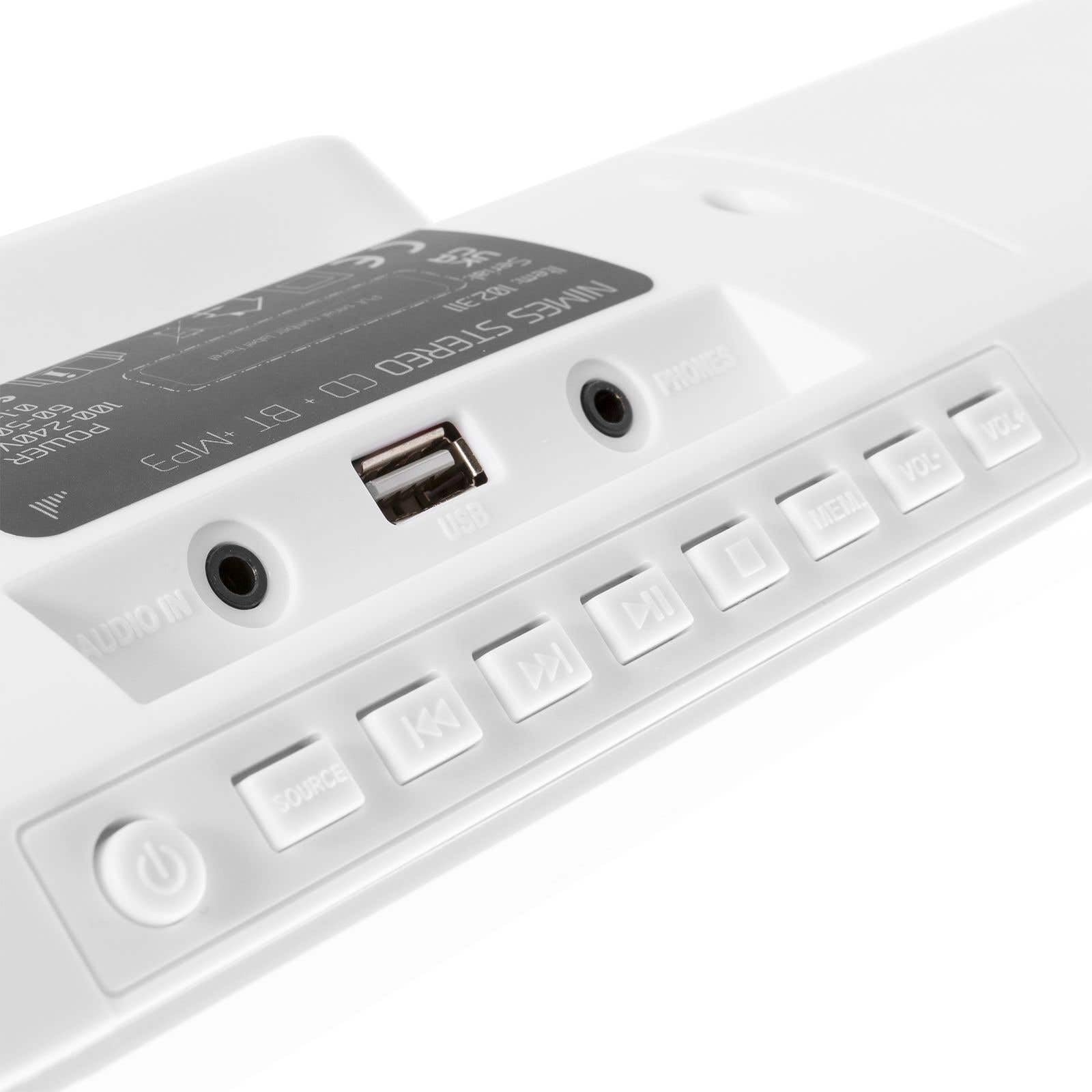 Audizio Nimes Home Sistema estéreo HiFi con Bluetooth, Reproductor de CD, MP3 USB, sintonizador de Radio FM, Incluye Mando a Distancia, X-Bass, Conexion de Auriculares - Blanco