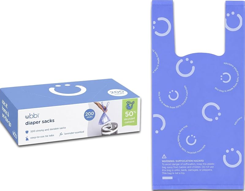 Ubbi Sacos desechables para pañales para bebés, aroma a lavanda, 200 unidades | Pestañas fáciles de atar, hechas con un 50 % de material reciclado, bolsas desechables para llevar, bolsa para pañales y artículos esenciales de viaje