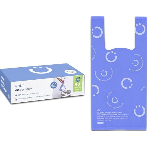 Ubbi Disposable Baby Diaper Sacks, Lavender Scented, 200 Count | Easy-To-Tie Tabs, Made from 50% Recycled Material, Disposable On-The-Go Bags, Diaper Bag and Travel Essential