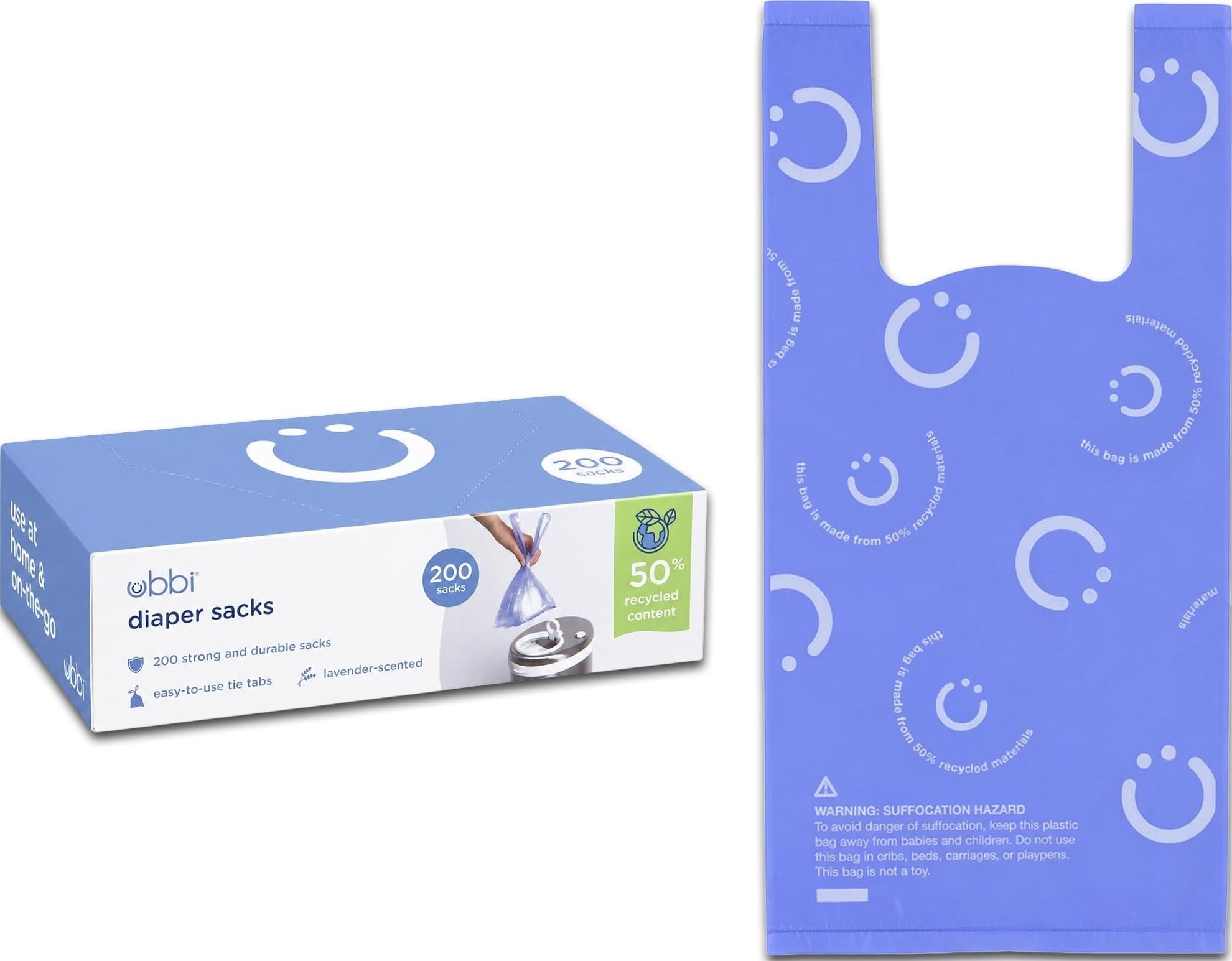 Ubbi Disposable Nappy Sacks, Lavender Scented, Easy-To-Tie Tabs, Durable, Thick Baby Nappy Disposal or Pet Waste Bags, 200 Count