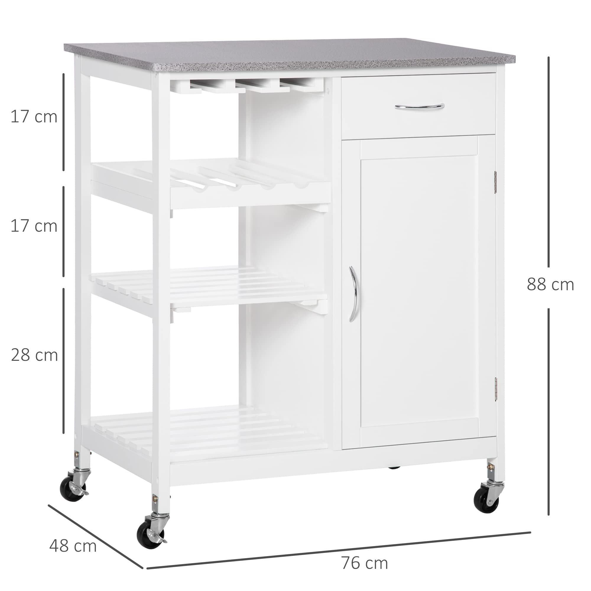 HOMCOM Carro de Cocina con Ruedas 1 Cajón Armario 40 kg 76x48x88 cm Blanco | Carrito de Servicio, Estantes Extraíbles, Botellero para 4 Botellas, para Comedor Salón