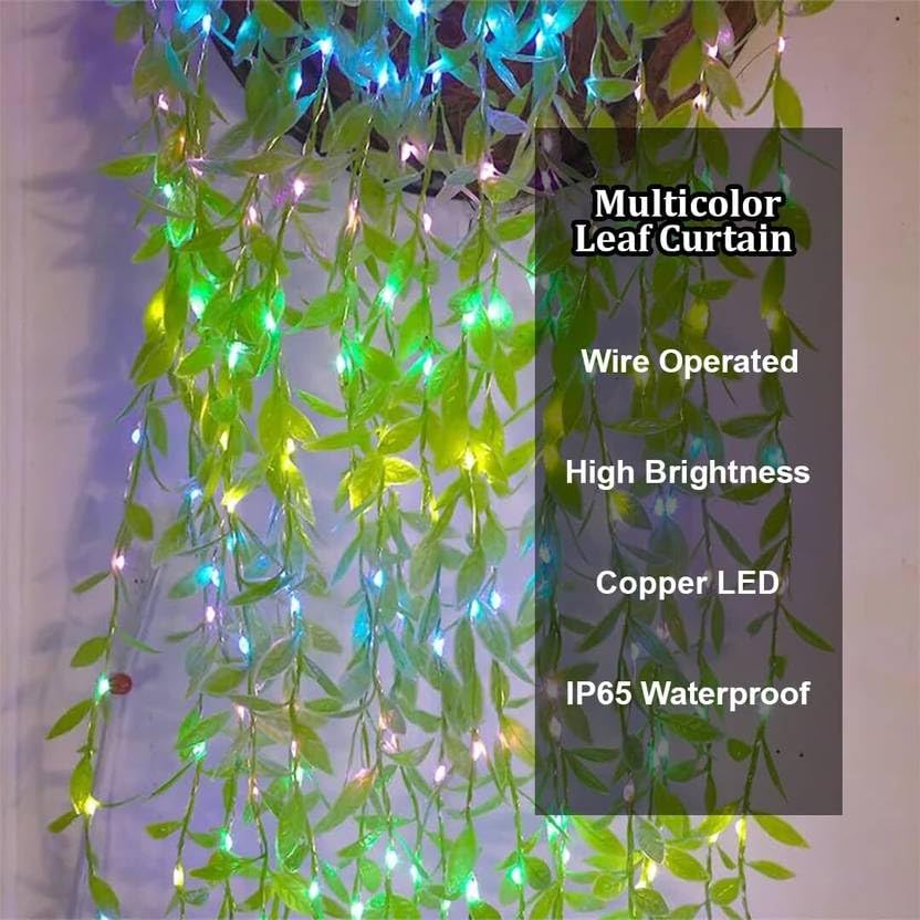 Image of MPROW Artificial Leaf Curtain Lights - 200 LED Multicolour Fairy String Lights, 3x1m, Remote Control with 8 Lighting Modes for Home, Wedding, Party, Diwali, Christmas & Festival Decoration