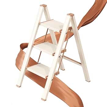 GameGem 3 Step Ladder, Folding Step Stool With Anti-Slip Wide Pedal, Aluminum Material Lightweight Yet Sturdy, 150 KG Load, Cute Modern Apperance For Indoor Household Spaces, Cream Chocolate