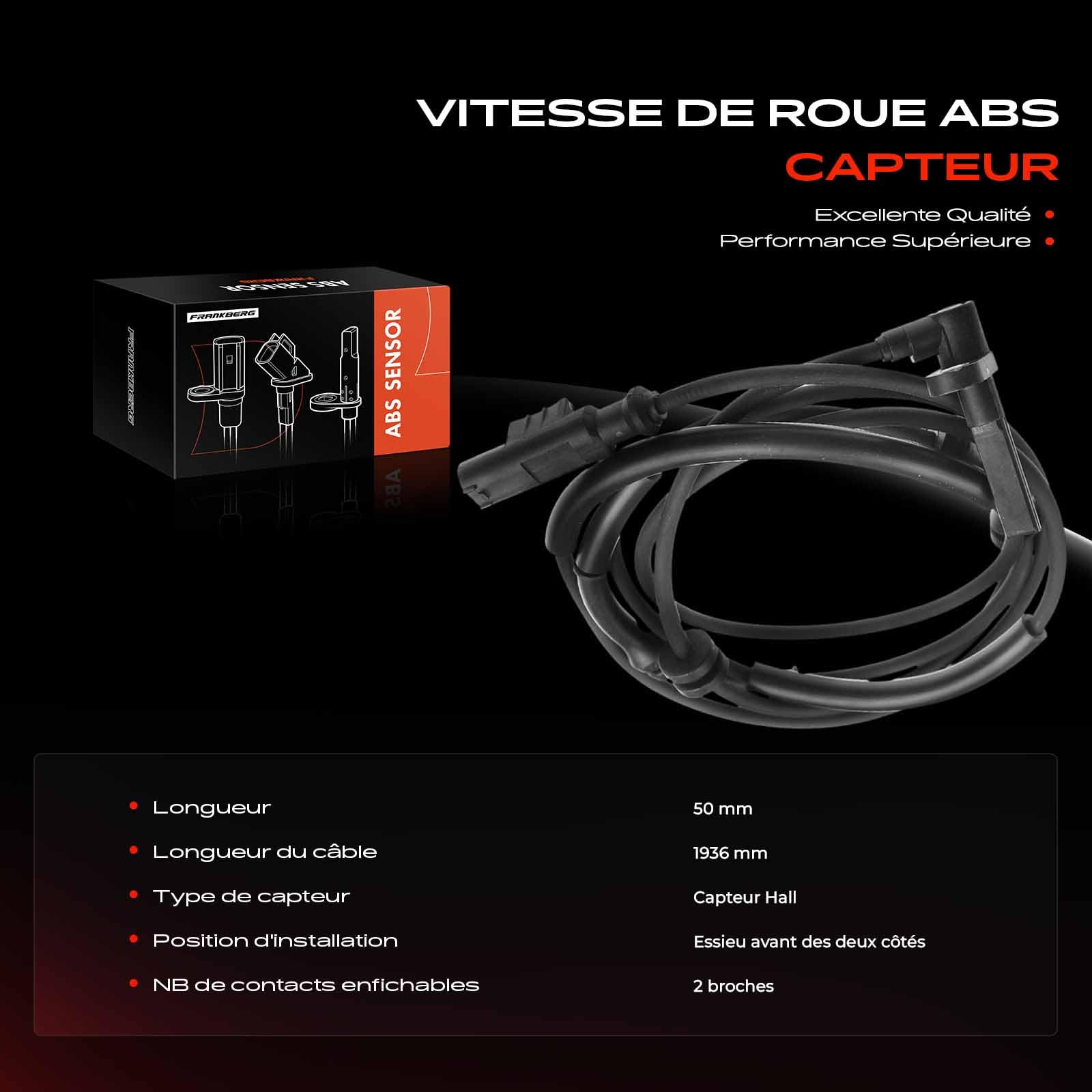 Frankberg Capteur ABS avec câble, 2 broches, essieu avant droit, 51705197 | Compatible avec: Multipla 186, 147 937