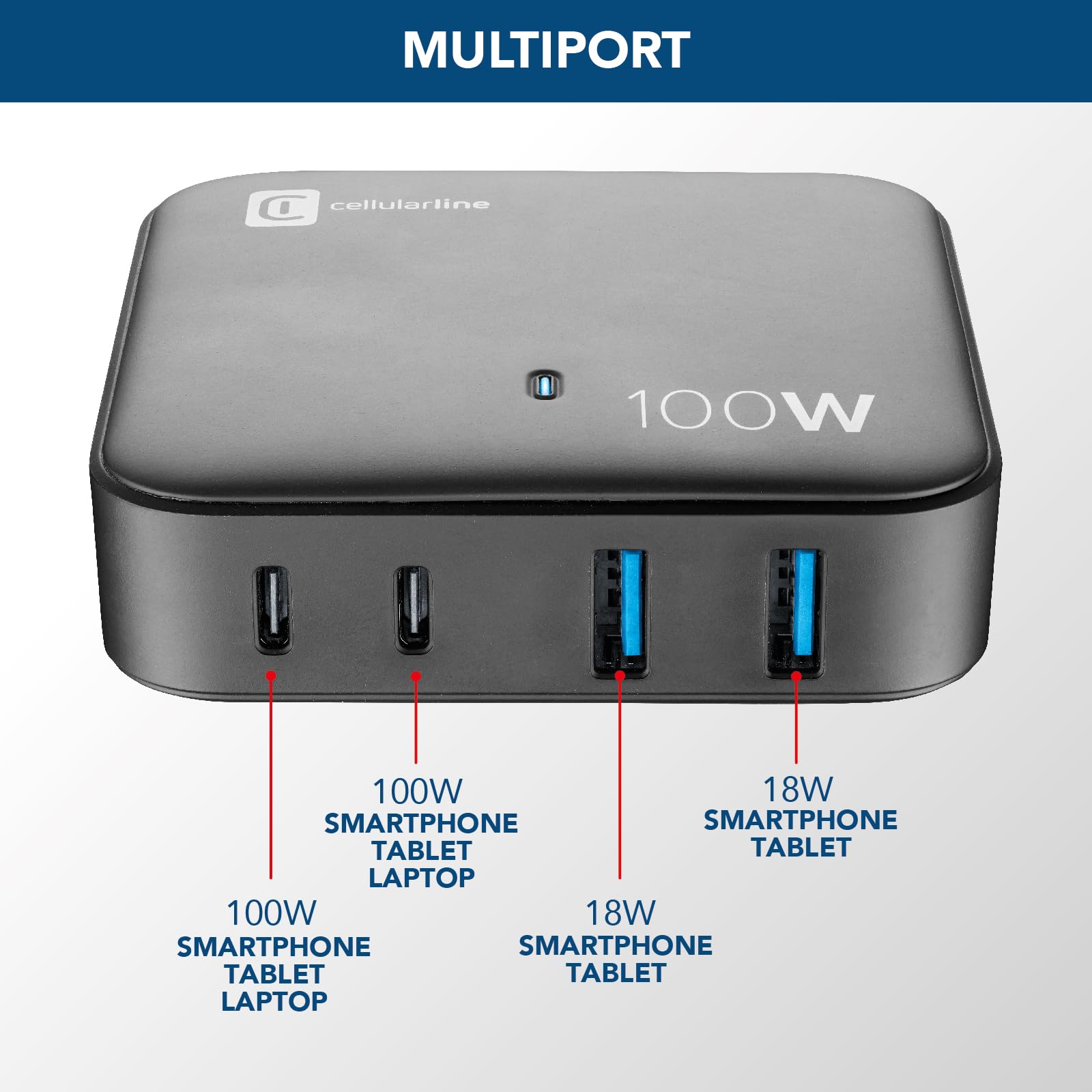 Cellularline - Multipower Magnus 100W - 4 Ports Gan -Netzwerk -Ladegerät - 2 18W USB -Anschlüsse und 2 100W USB -C -Anschlüsse - GaN -Technologie - ideal für Smartphones, Tablets und Laptops